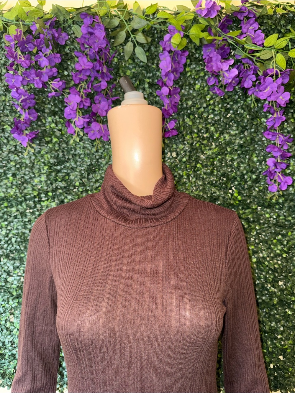 Brown Ribbed Turtleneck Sweater Dress - Women